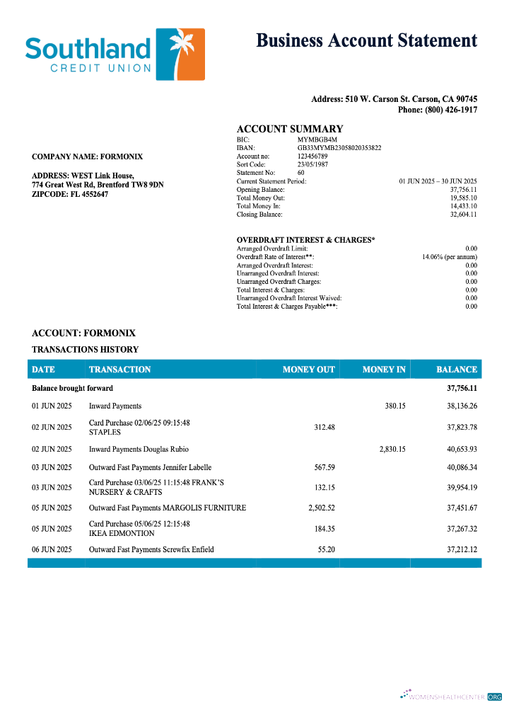 USA California Southland Credit Union enterprise statement Word and PDF format